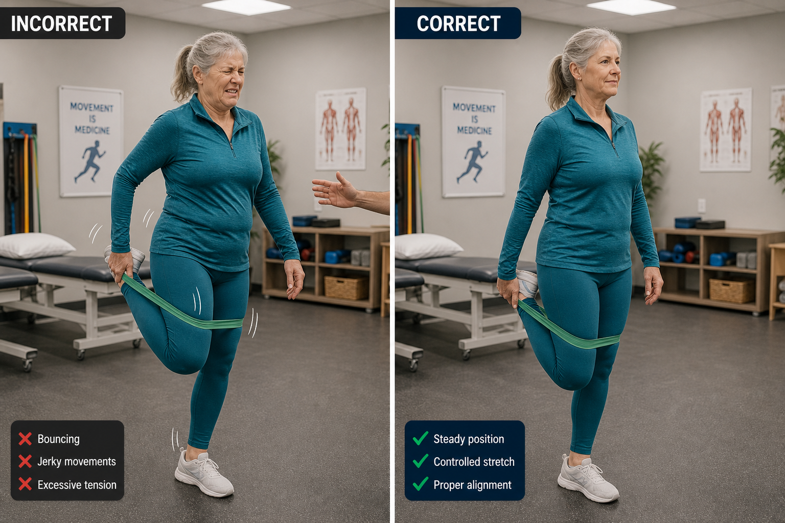 Senior woman receiving correction on improper stretching technique from a physical therapist