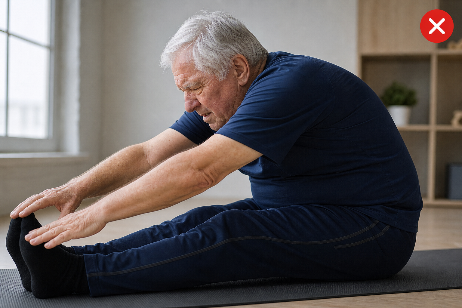 Senior man demonstrating incorrect stretching form to avoid
