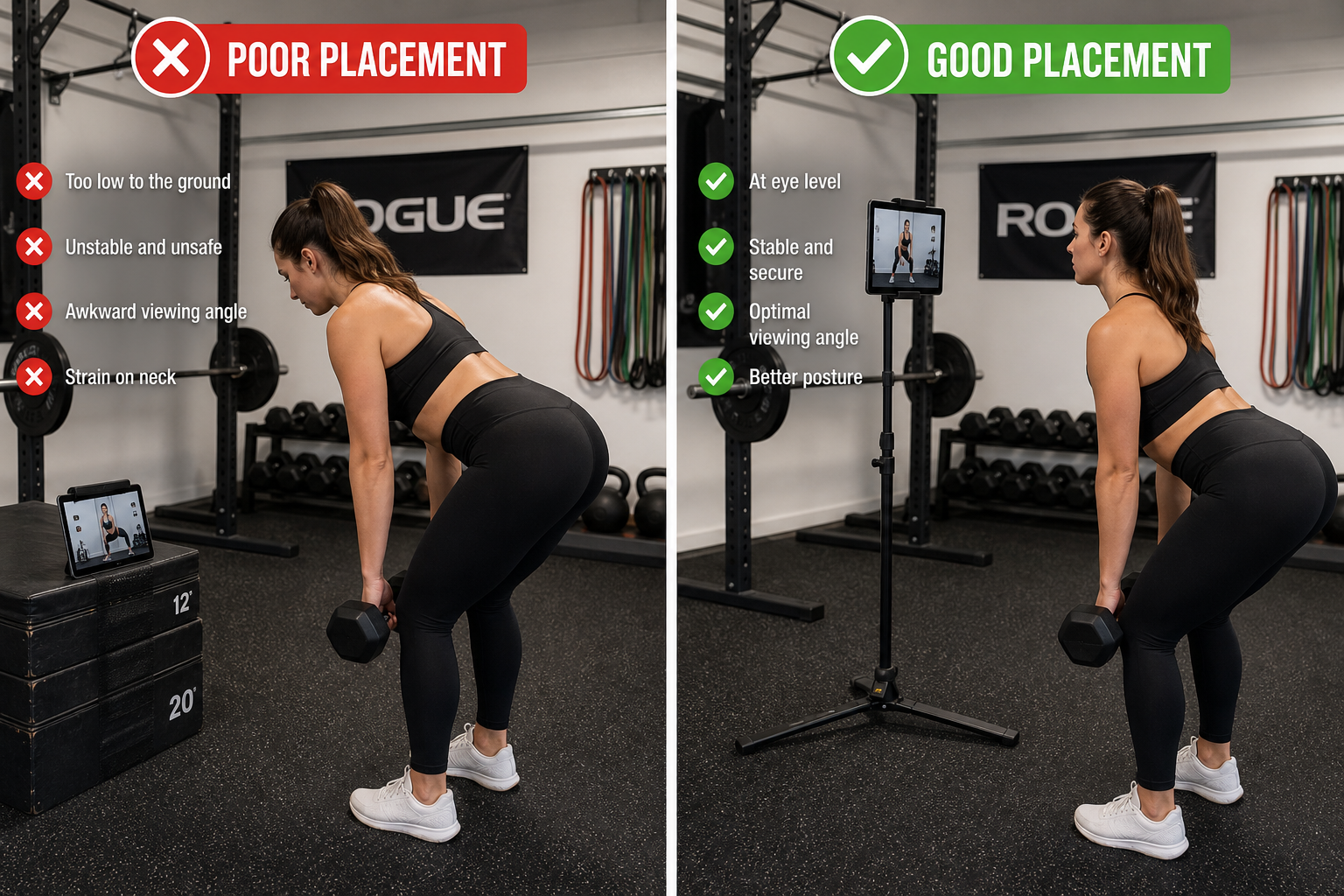 Comparison of improper versus proper tablet stand placement in garage gym