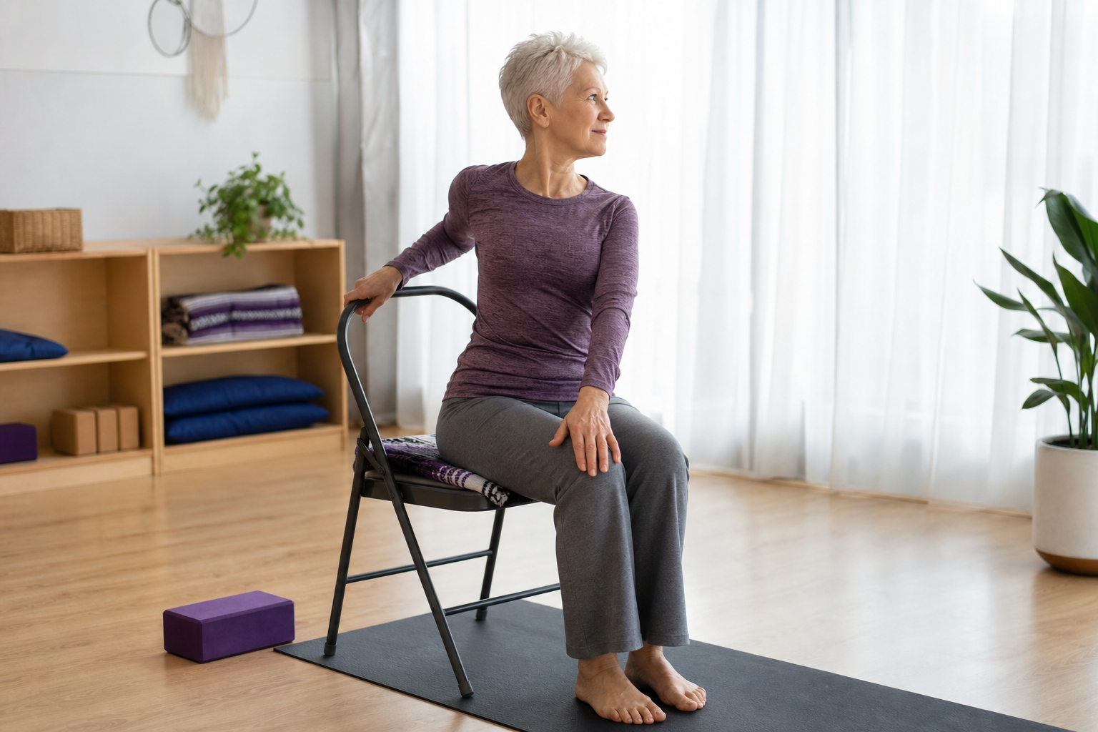 Senior practicing modified chair yoga pose with supportive props in accessible studio setting