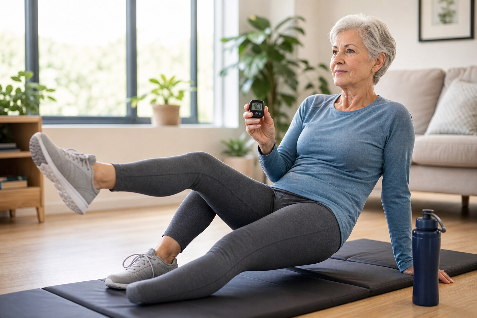 Senior woman using a handheld tally counter while doing seated leg exercises at home