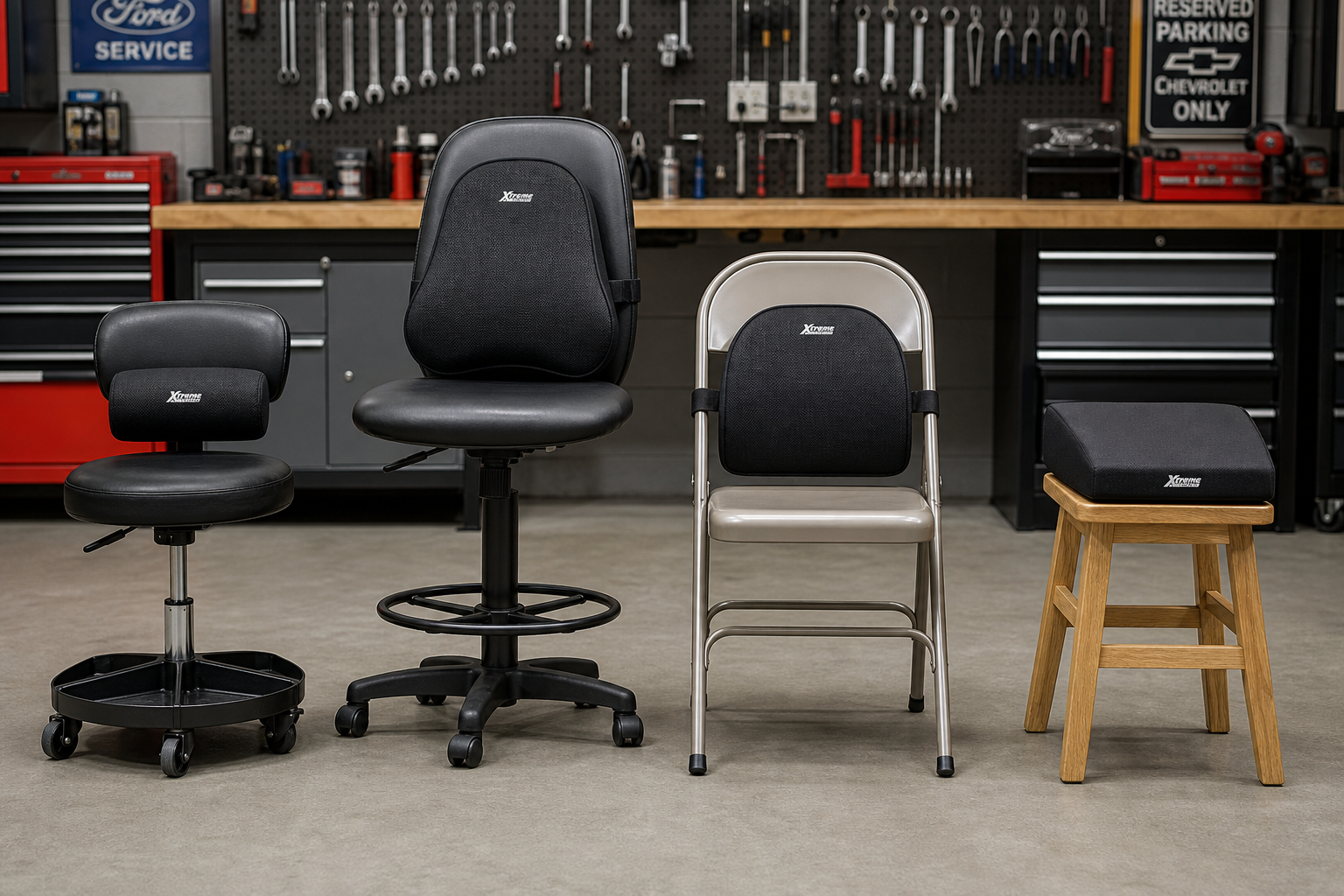 Different types of garage workshop chairs each fitted with appropriate lumbar support cushions