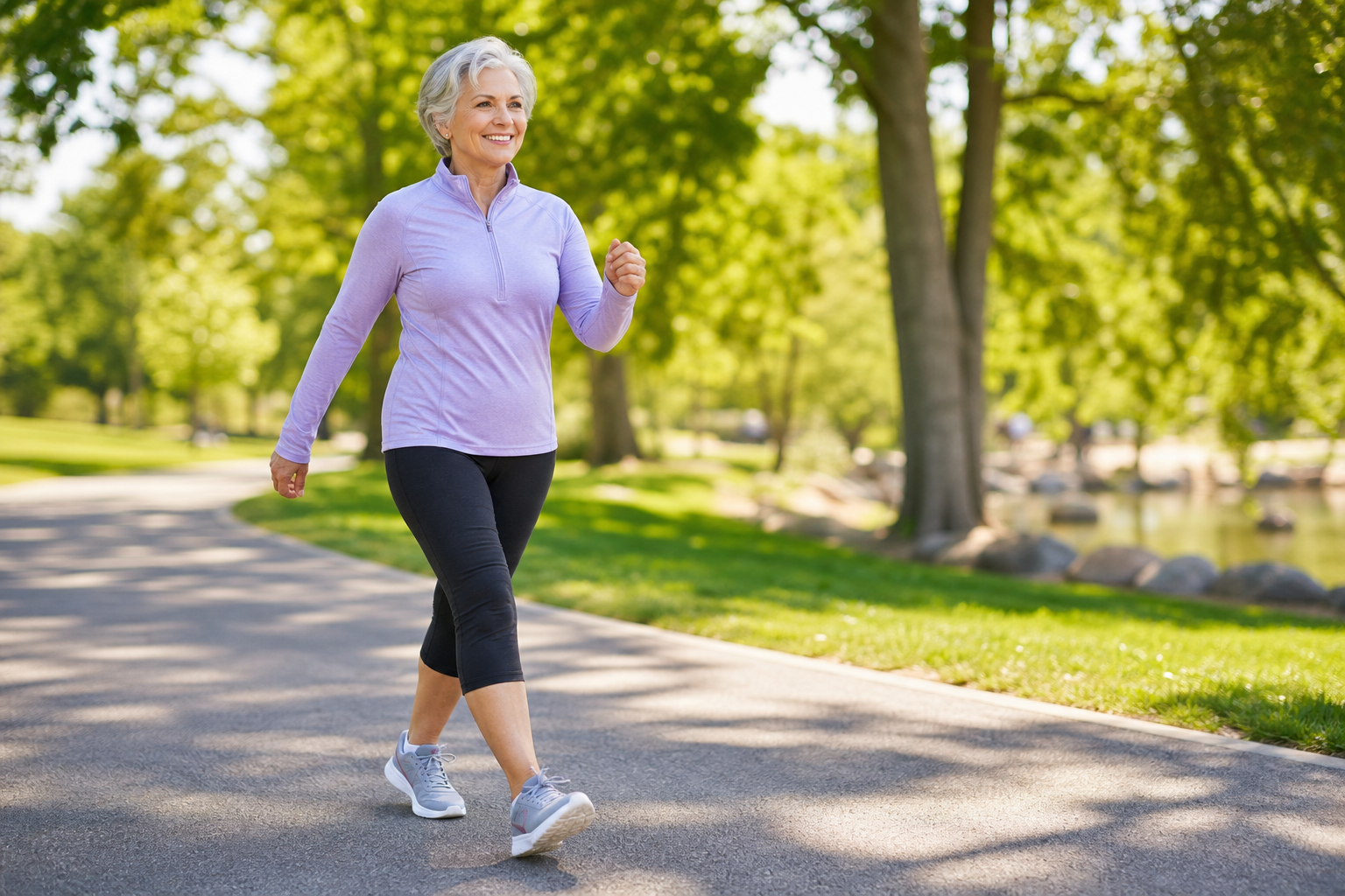 Senior woman walking outdoors for exercise and fitness