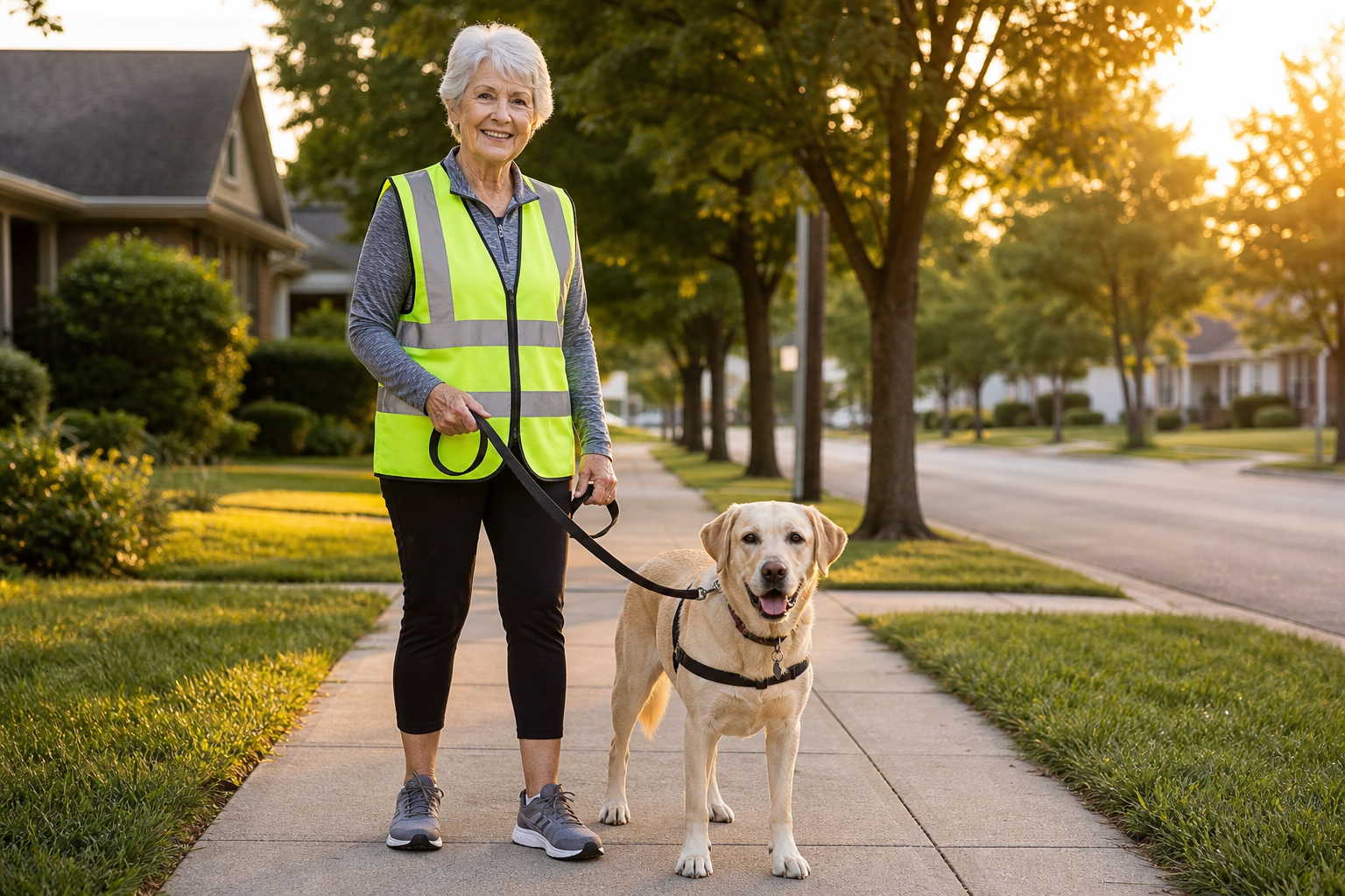 Senior woman wearing reflective vest safely walking her dog on a neighborhood sidewalk