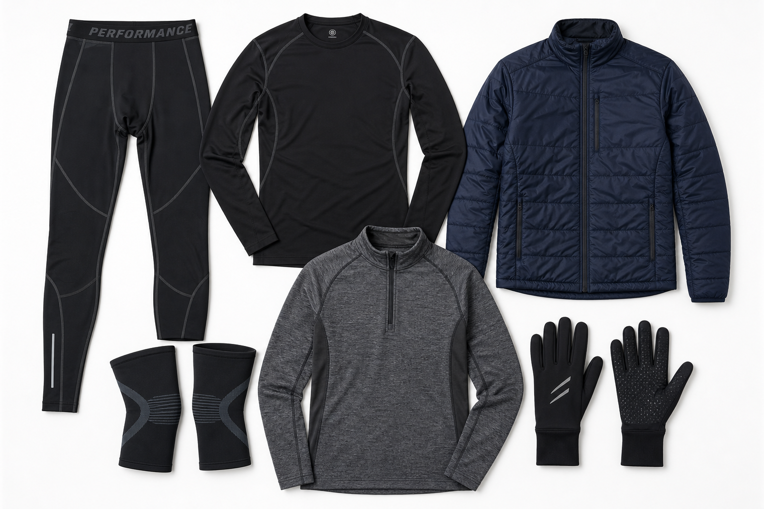 Cold weather exercise clothing and joint protection gear laid out