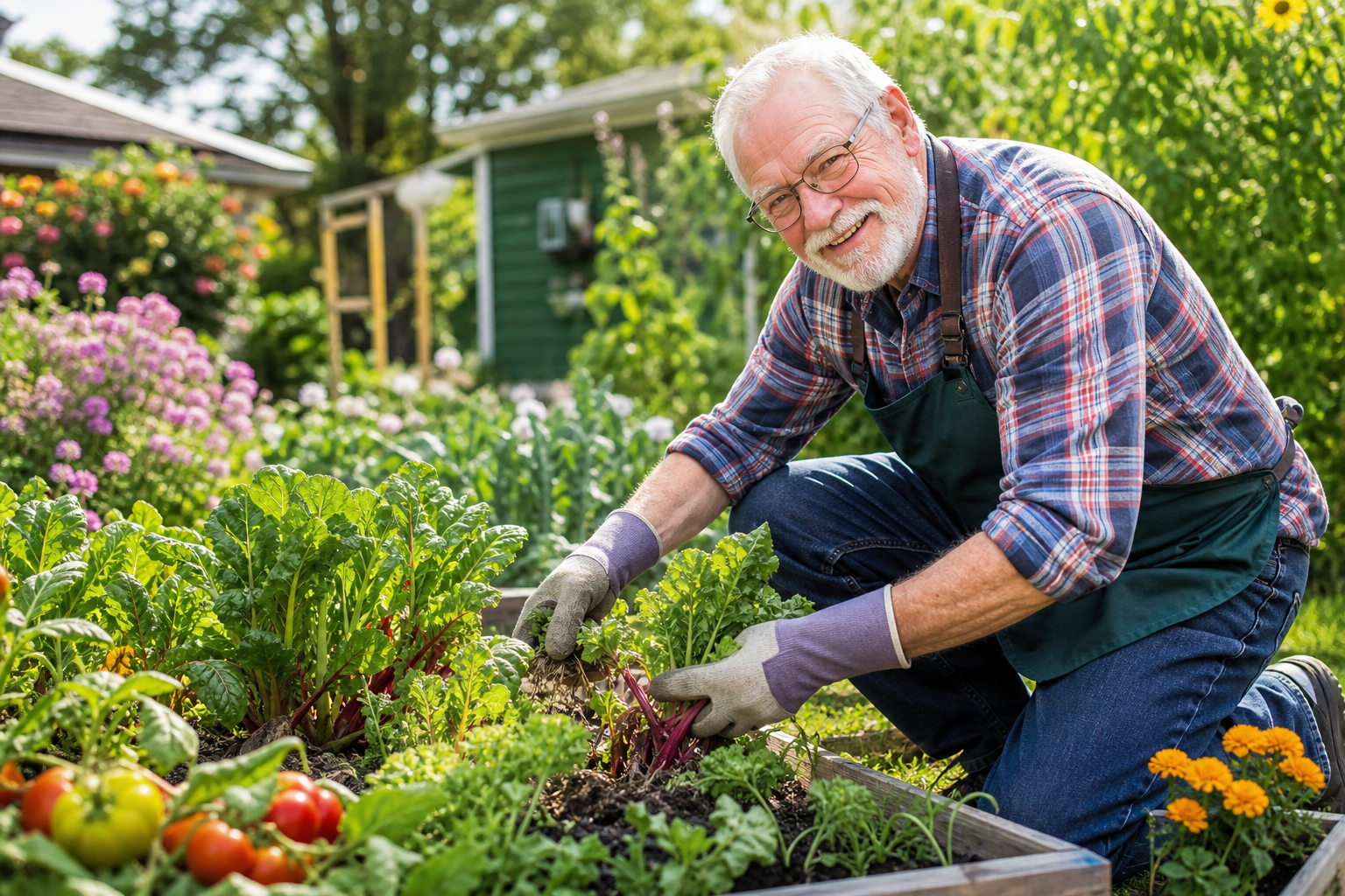 Senior man gardening and staying active in backyard