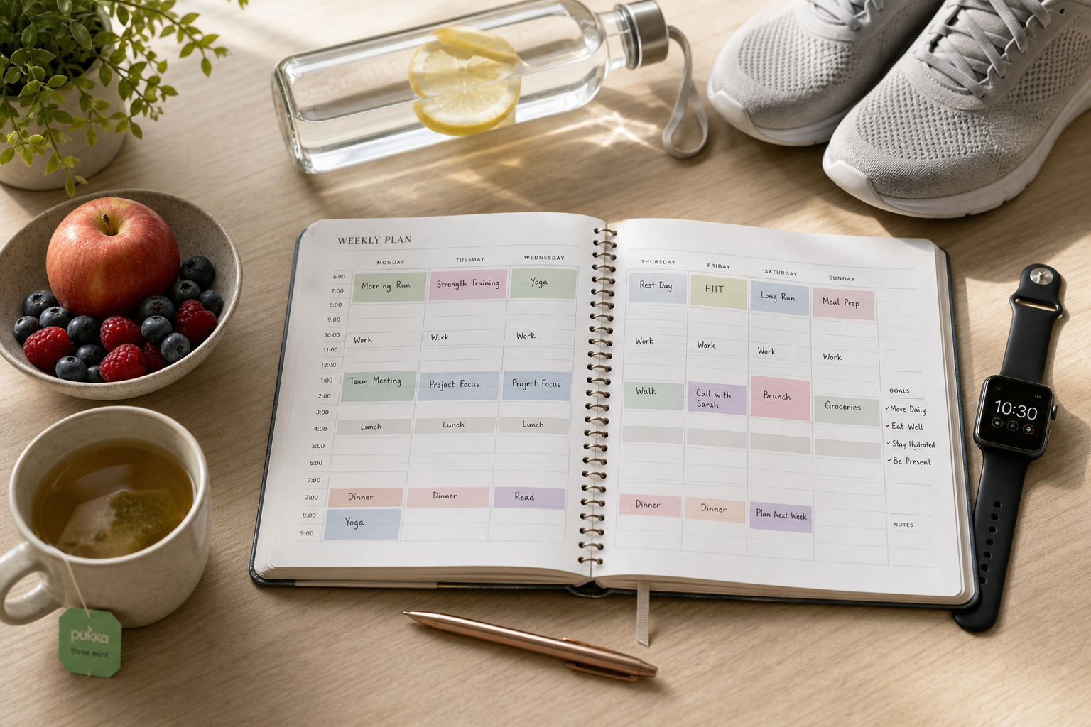 Organized wellness planning items on table including planner, water bottle, and fruit
