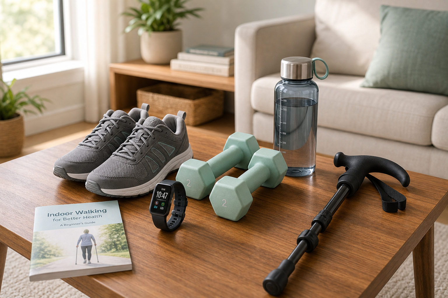 Indoor walking equipment for seniors including shoes, hand weights, and fitness tracker