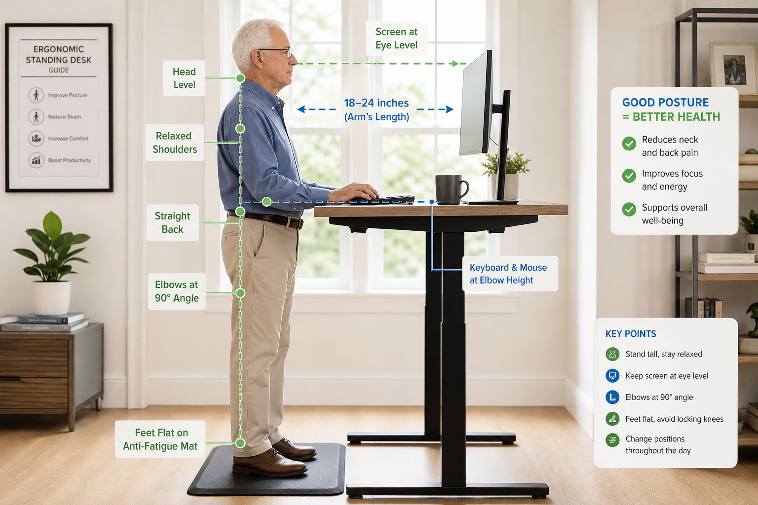 Senior man demonstrating correct ergonomic posture at a standing desk