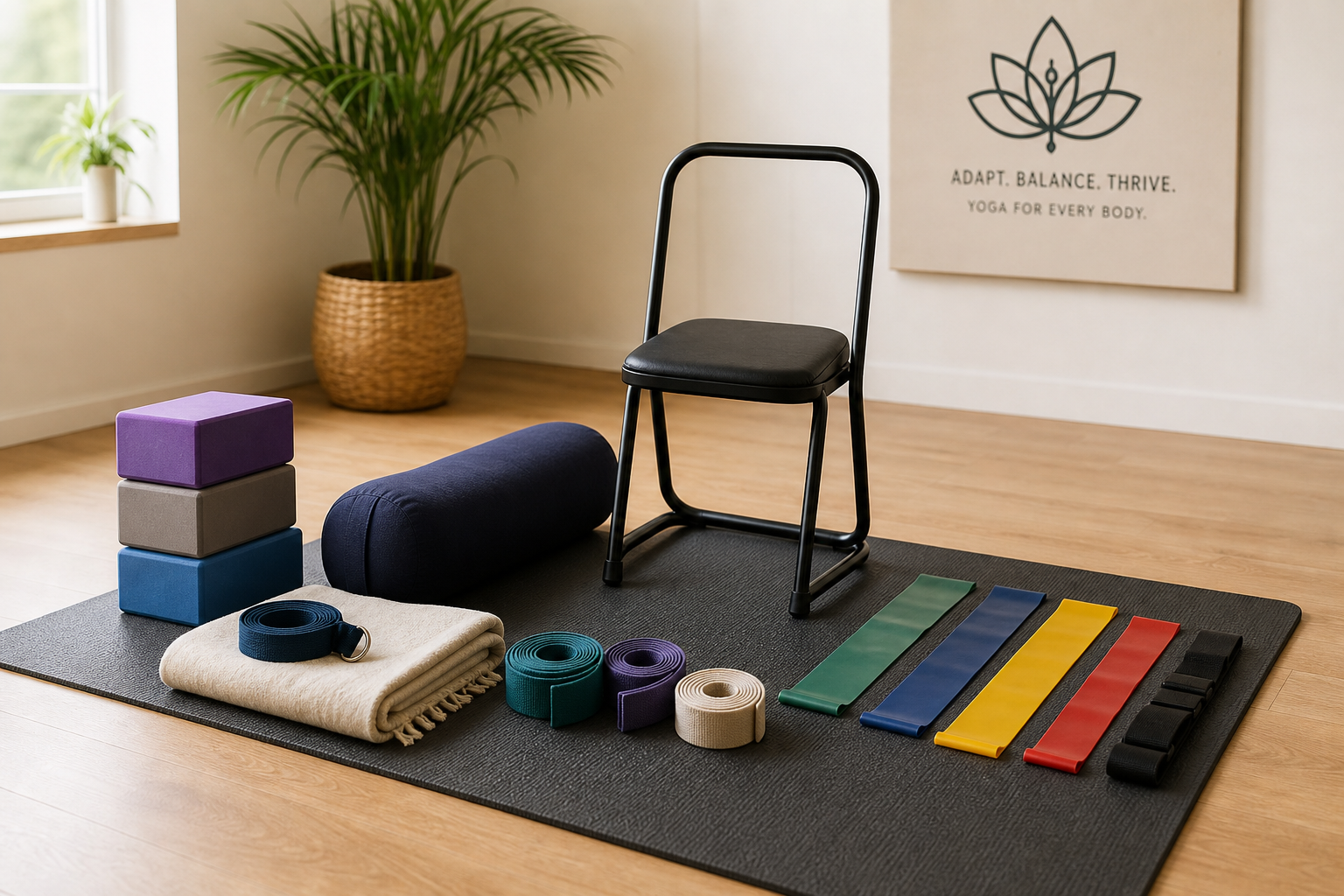 Collection of adaptive yoga equipment including blocks, straps, bolsters, and chair arranged on yoga mat