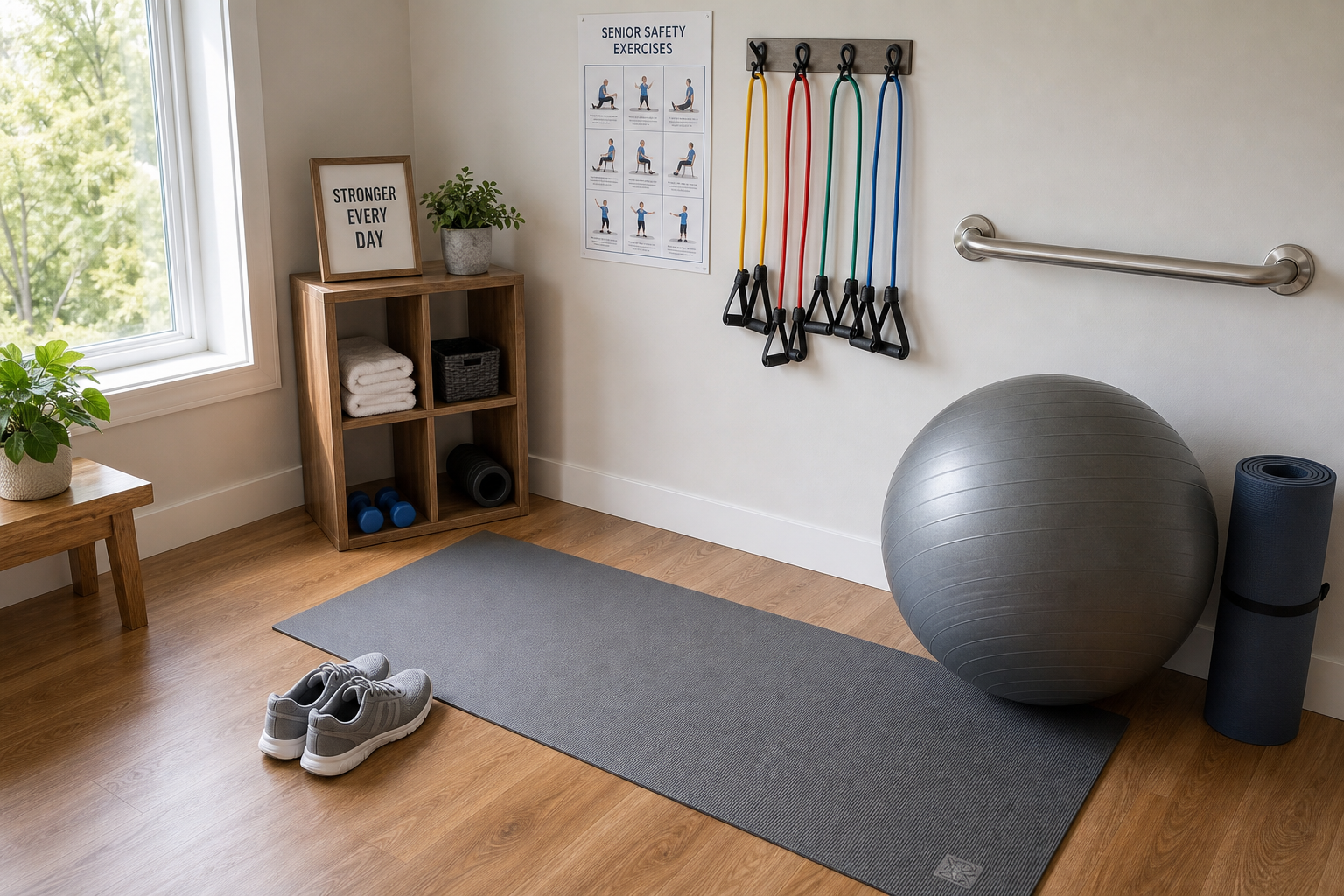 Essential home exercise safety equipment including grab bar, non-slip mat, and resistance bands displayed in a bright room