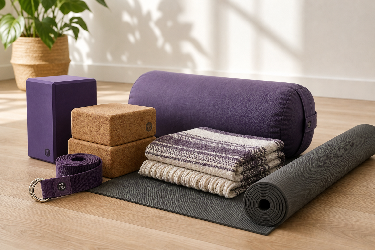 Collection of yoga props including blocks, straps, bolster, blanket and mat arranged on studio floor