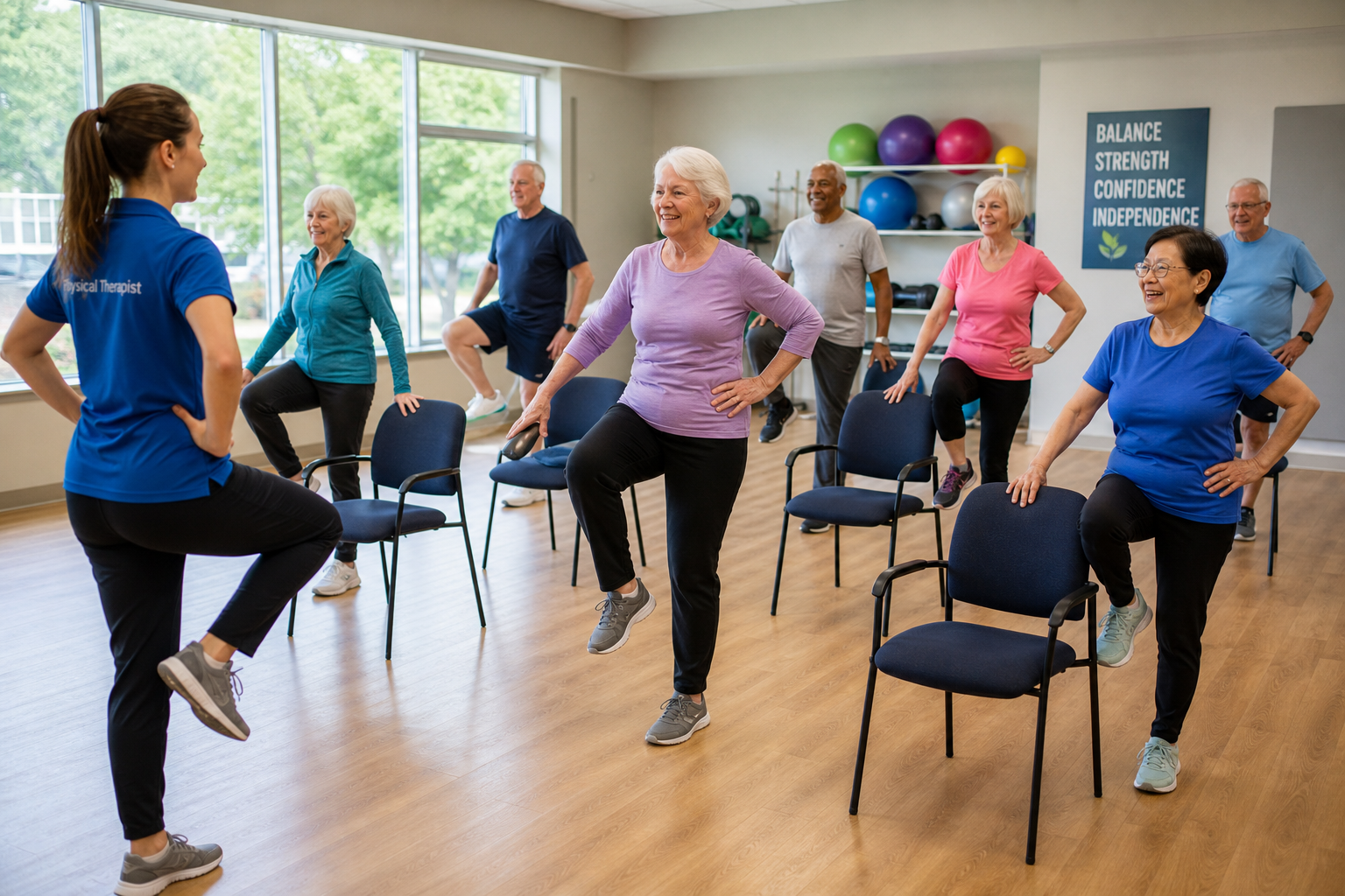 Seniors participating in a supervised balance exercise class as part of fall prevention program