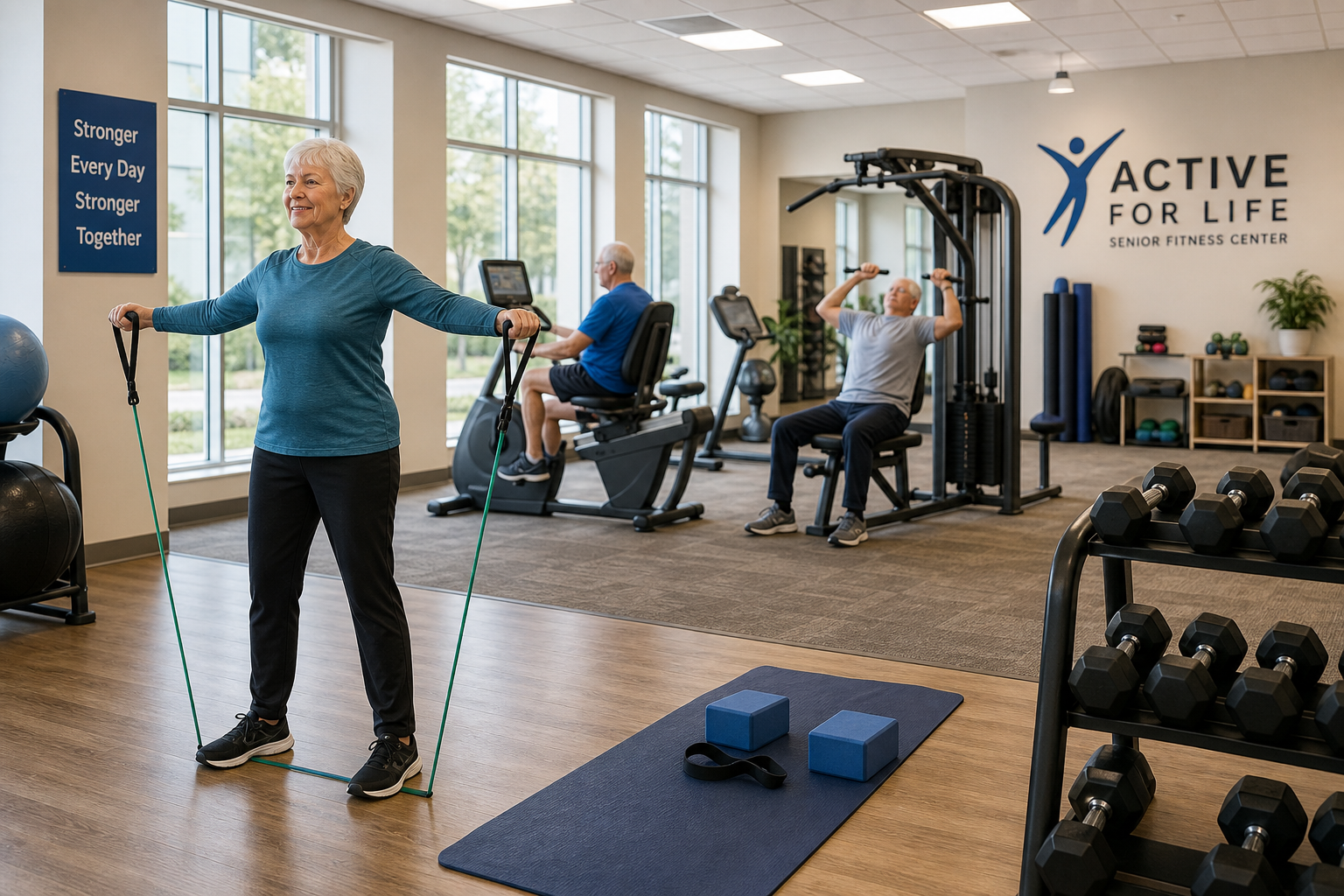 Senior fitness center showing various exercise equipment and activities that may lead to bruising