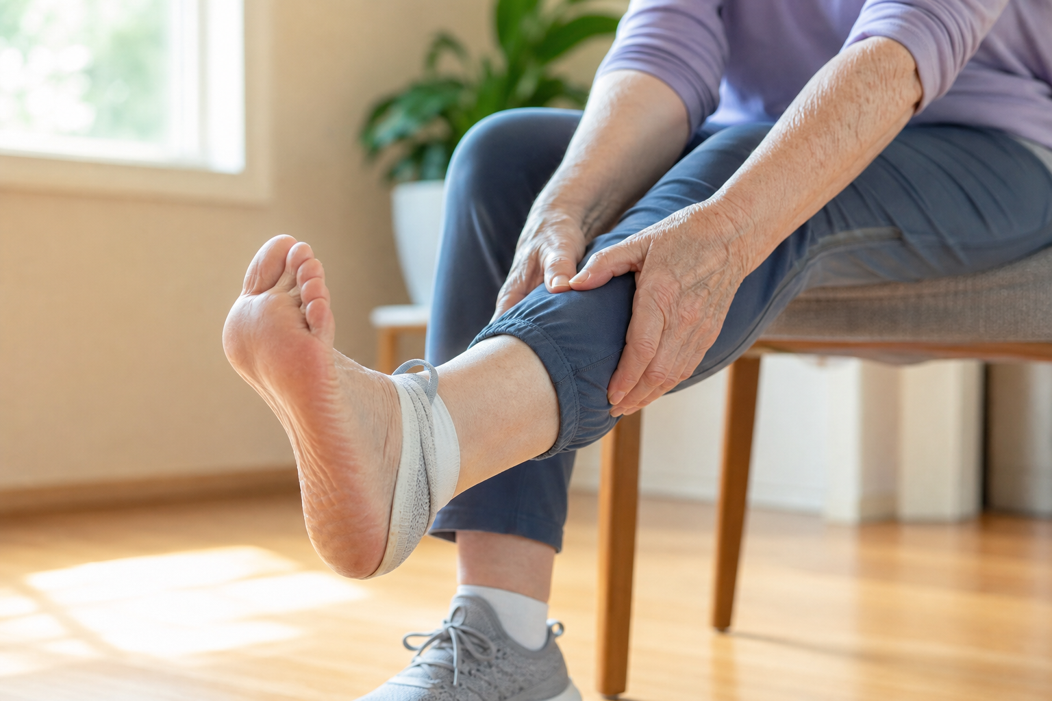 Senior performing foot stretching exercise while seated