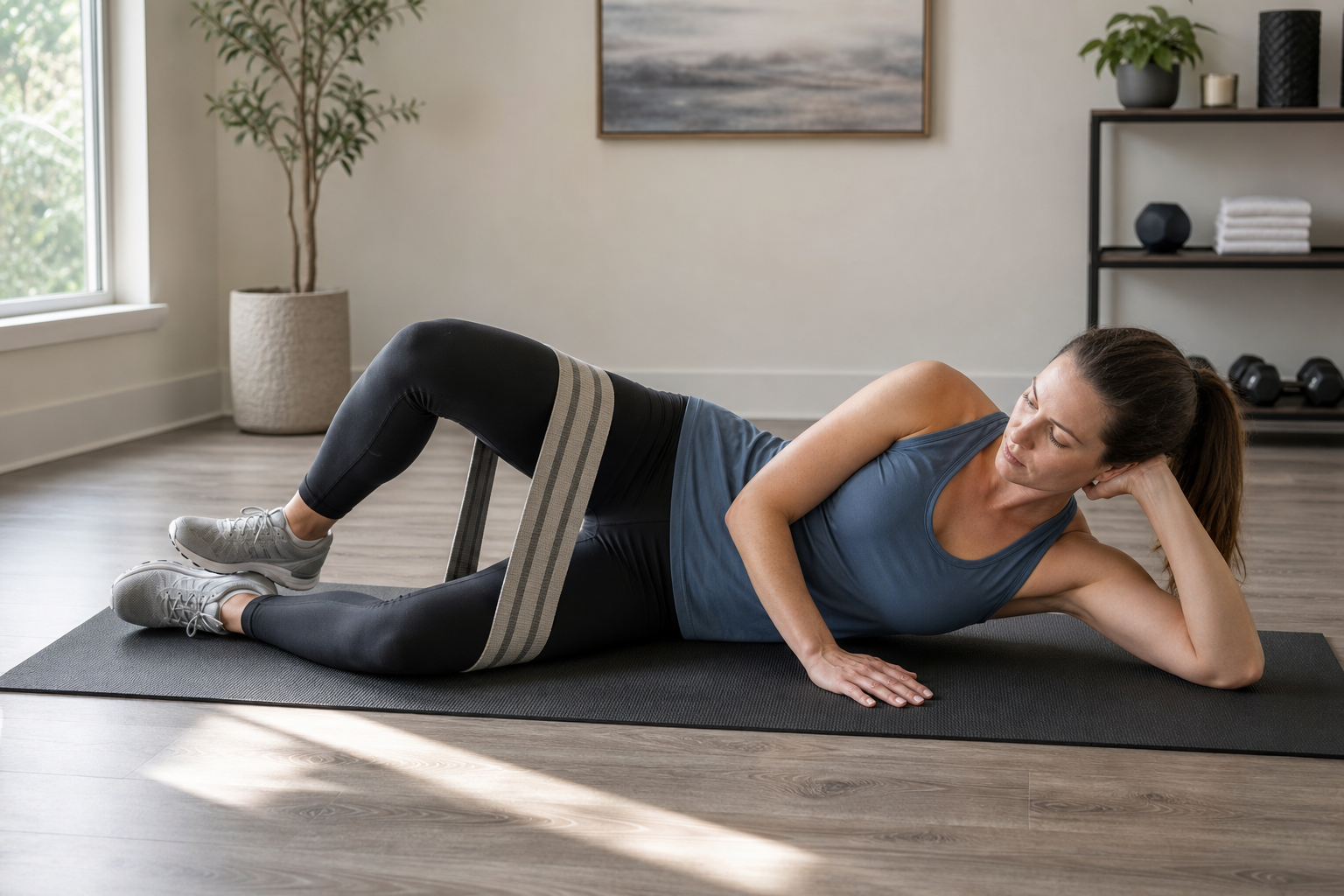 Person performing hip-strengthening exercise on yoga mat with proper form
