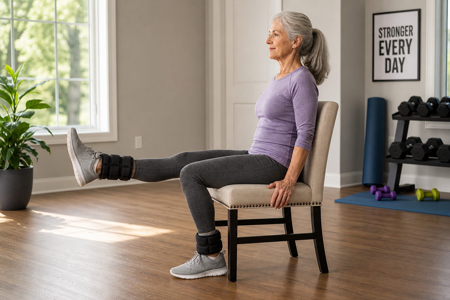 Senior woman performing leg extension exercise while wearing ankle weights