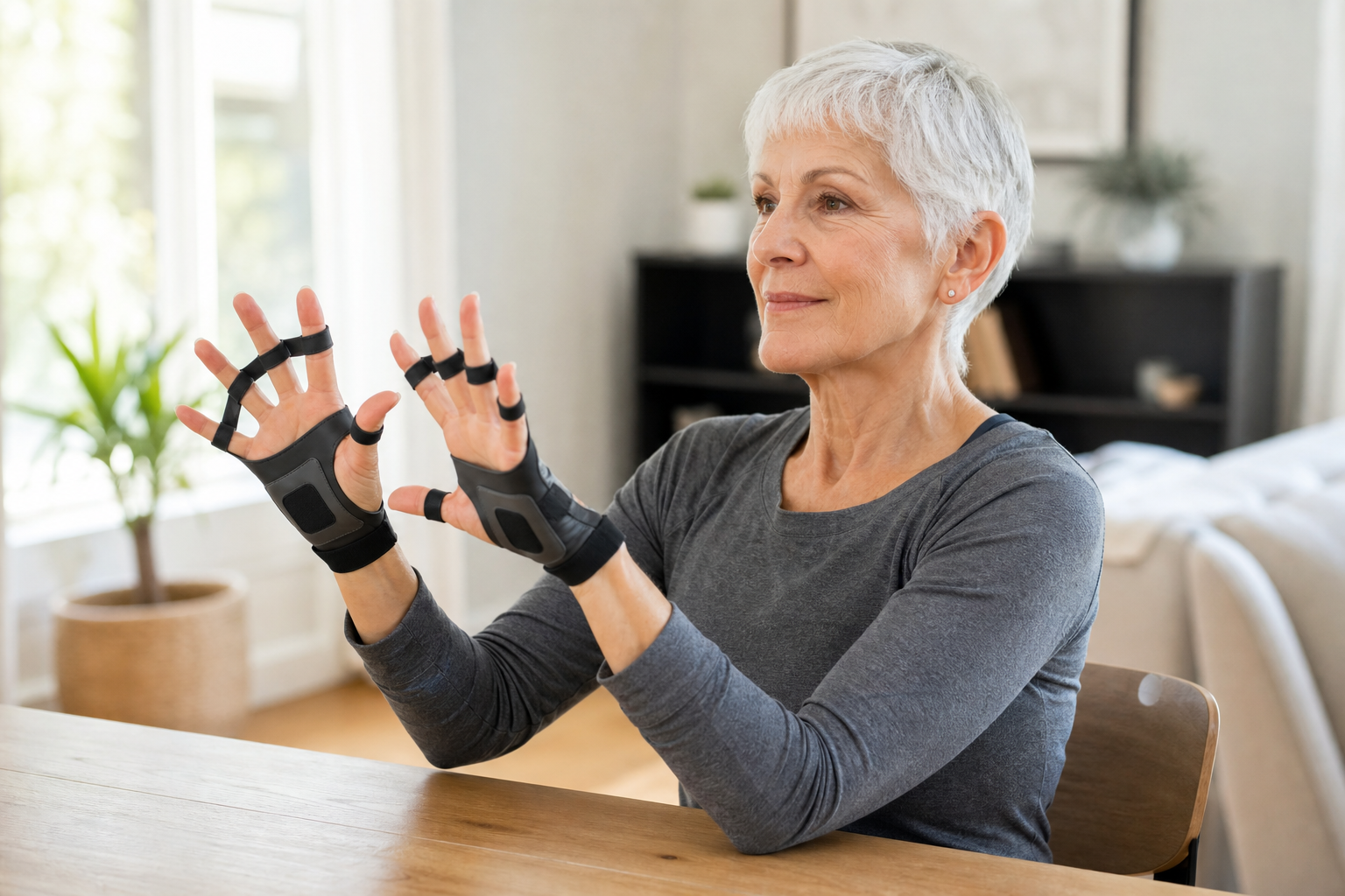 Senior woman performing finger exercises while wearing resistance gloves