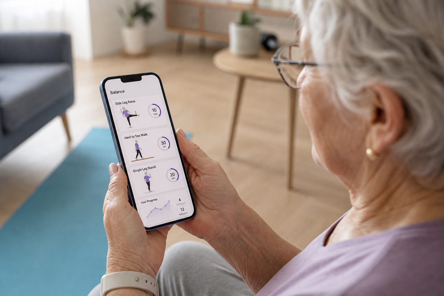 Senior woman using a fall prevention exercise app on smartphone