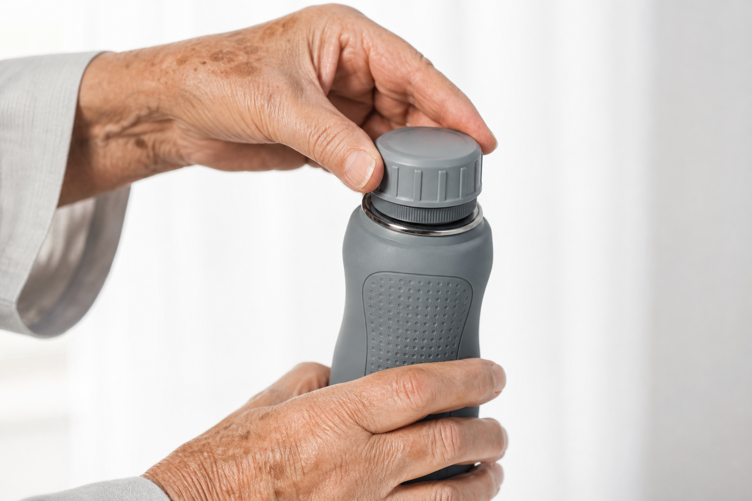 Senior hands easily opening an arthritis-friendly water bottle with ergonomic grip