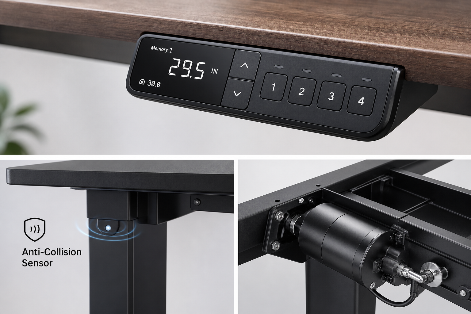 Close-up of standing desk control panel with large buttons and digital display