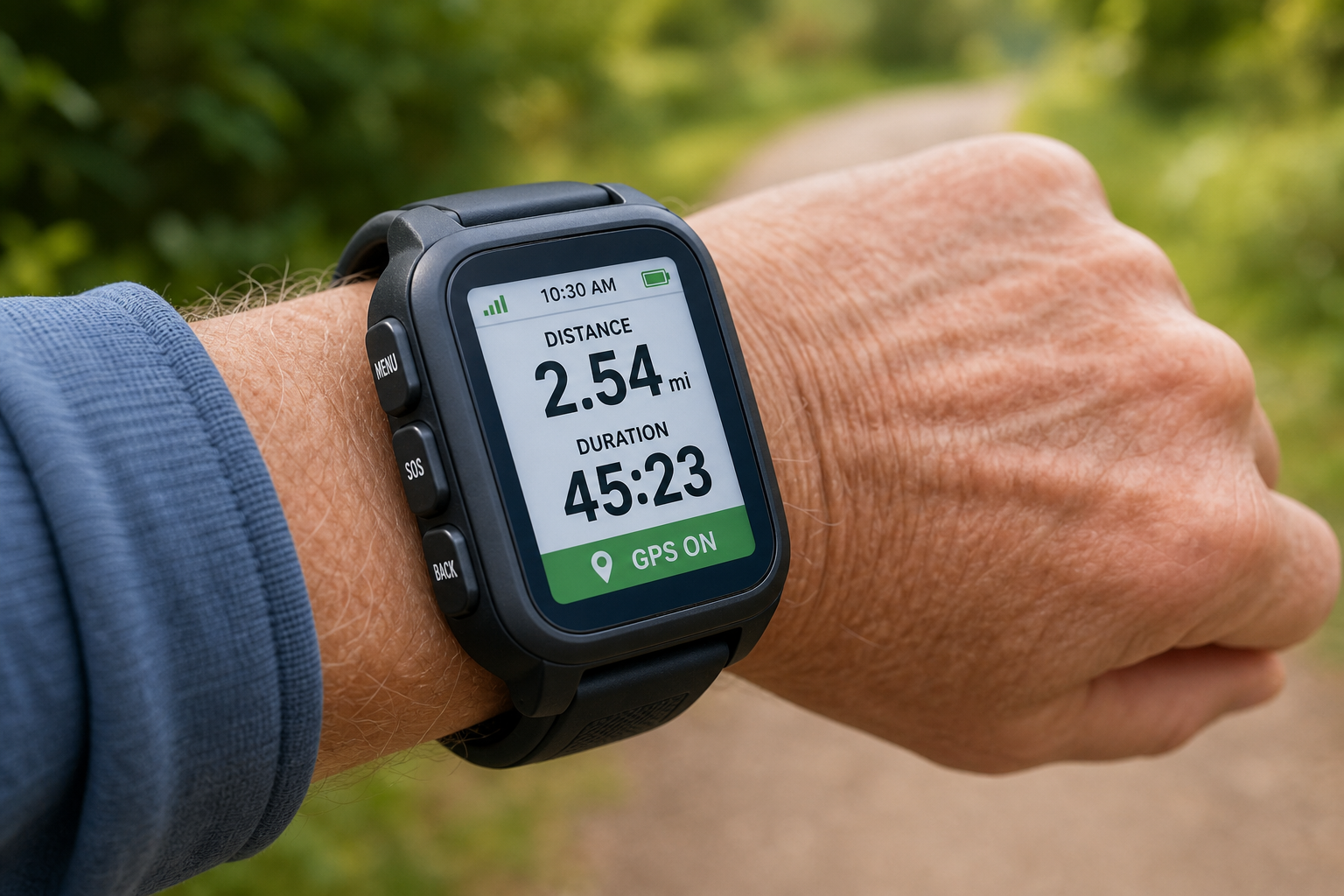 GPS watch with large display on senior walker's wrist showing easy-to-read interface