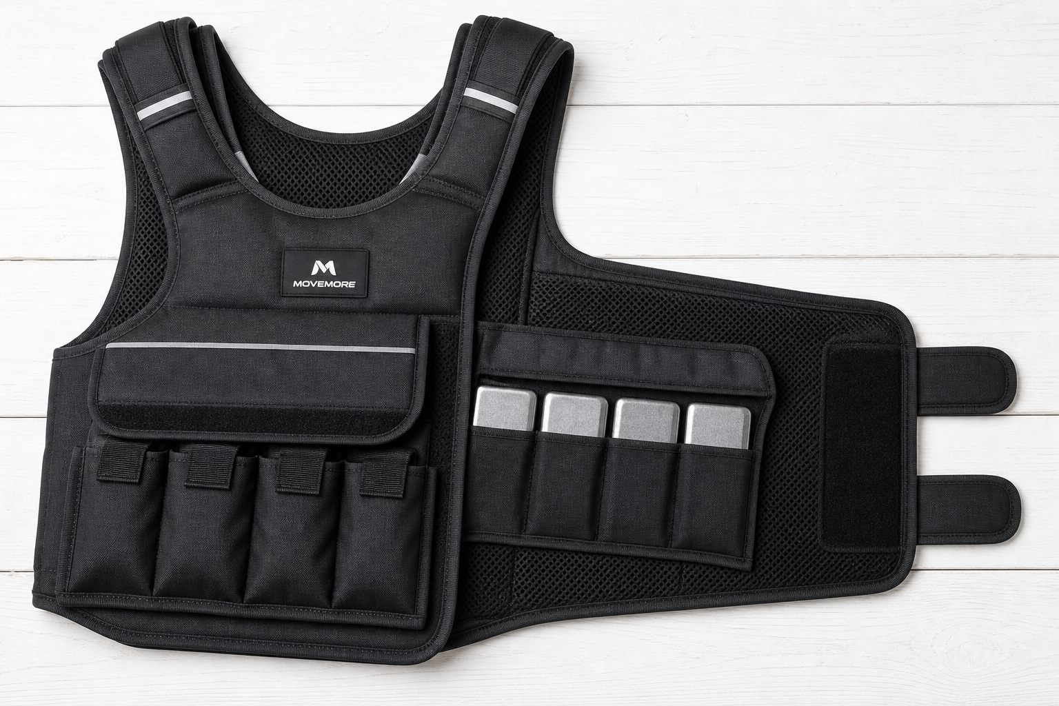 Detailed view of weighted vest features including straps, pockets, and padding