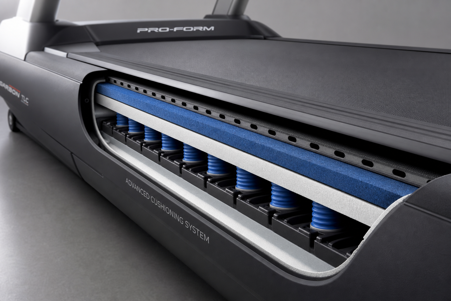 Treadmill cushioning system showing shock-absorbing layers that protect knees