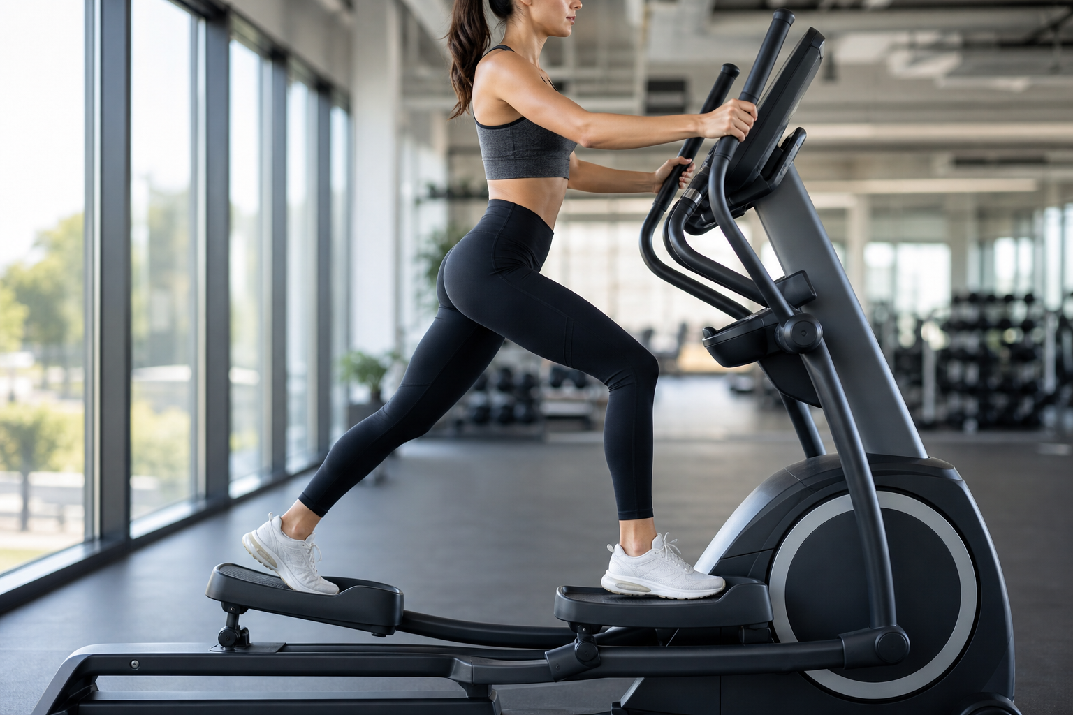 Person demonstrating proper stride length on elliptical machine
