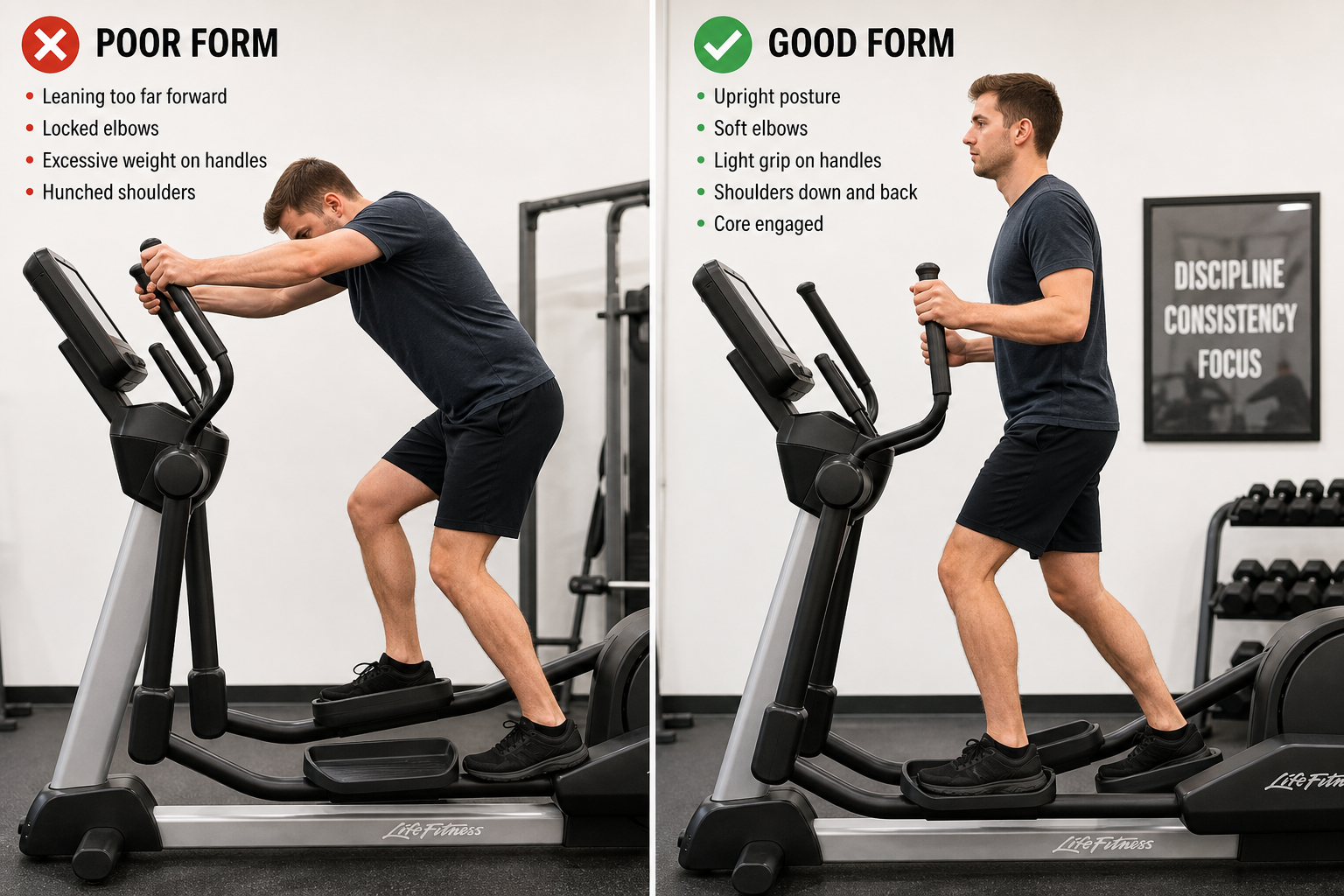 Demonstration of incorrect leaning posture on elliptical handles