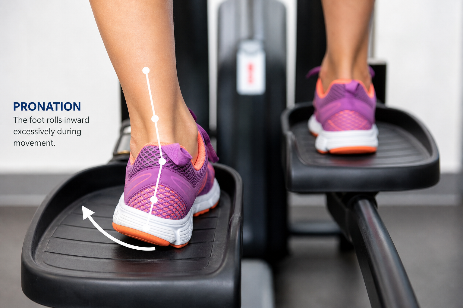 Close-up of foot pronation and rolling inward on elliptical pedal