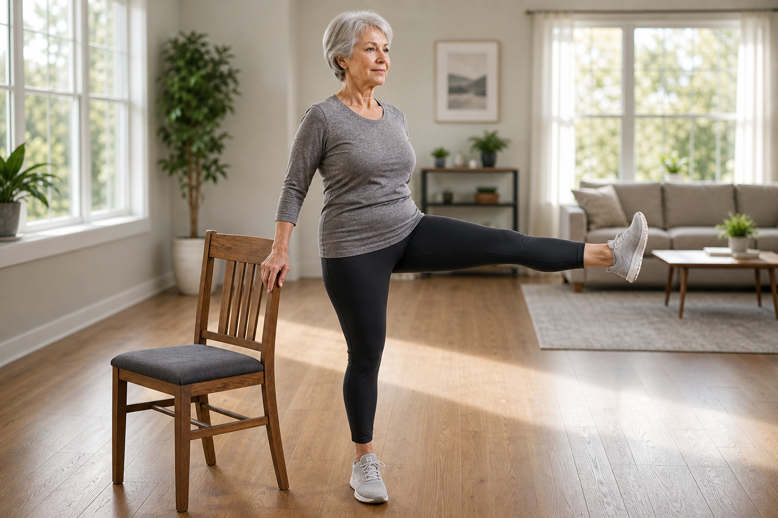 Senior woman performing standing exercise using chair for support