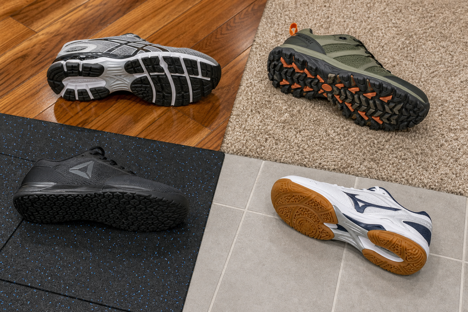 Different indoor floor types with appropriate exercise footwear showing sole traction patterns