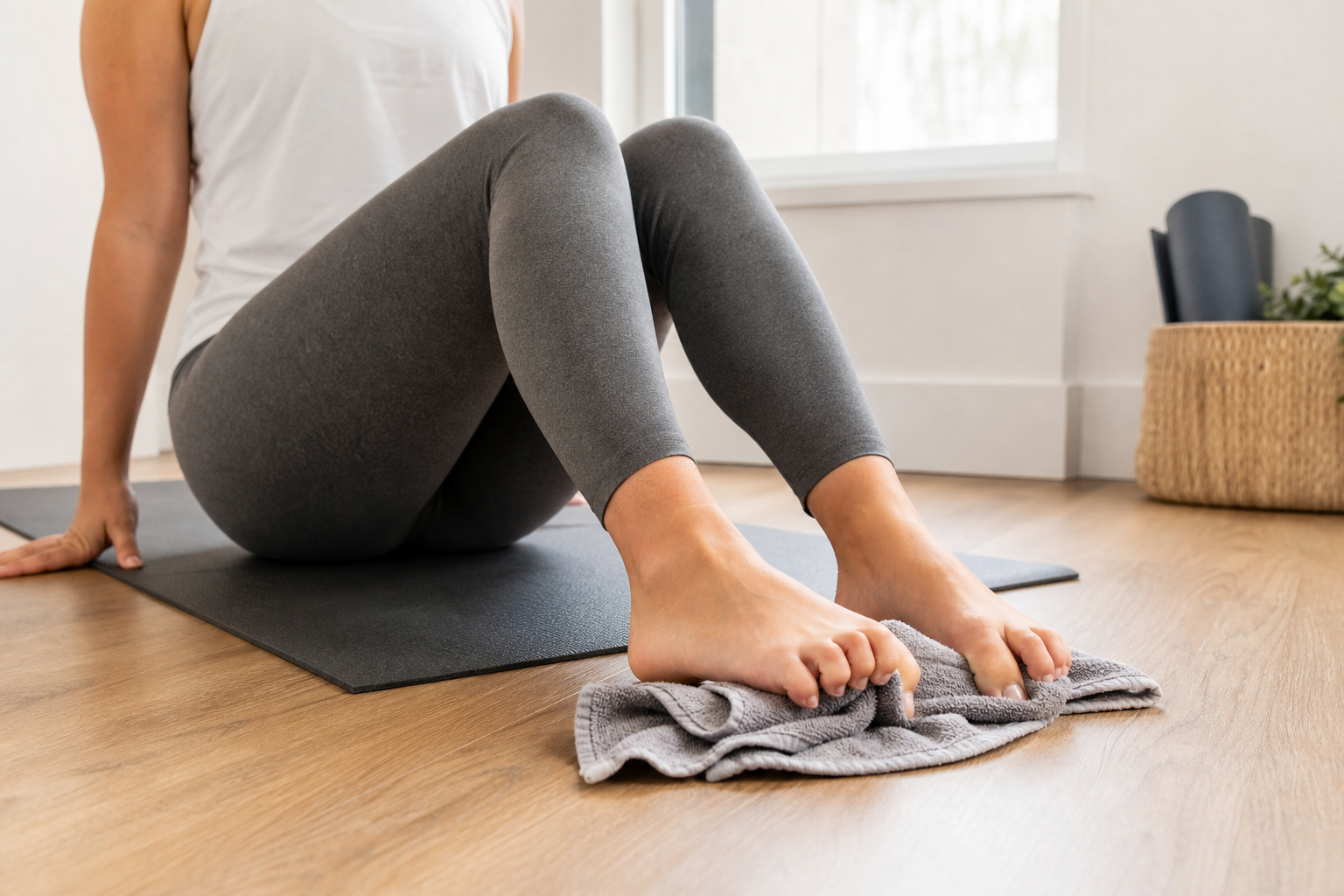 Person performing toe-grip exercise with towel on floor