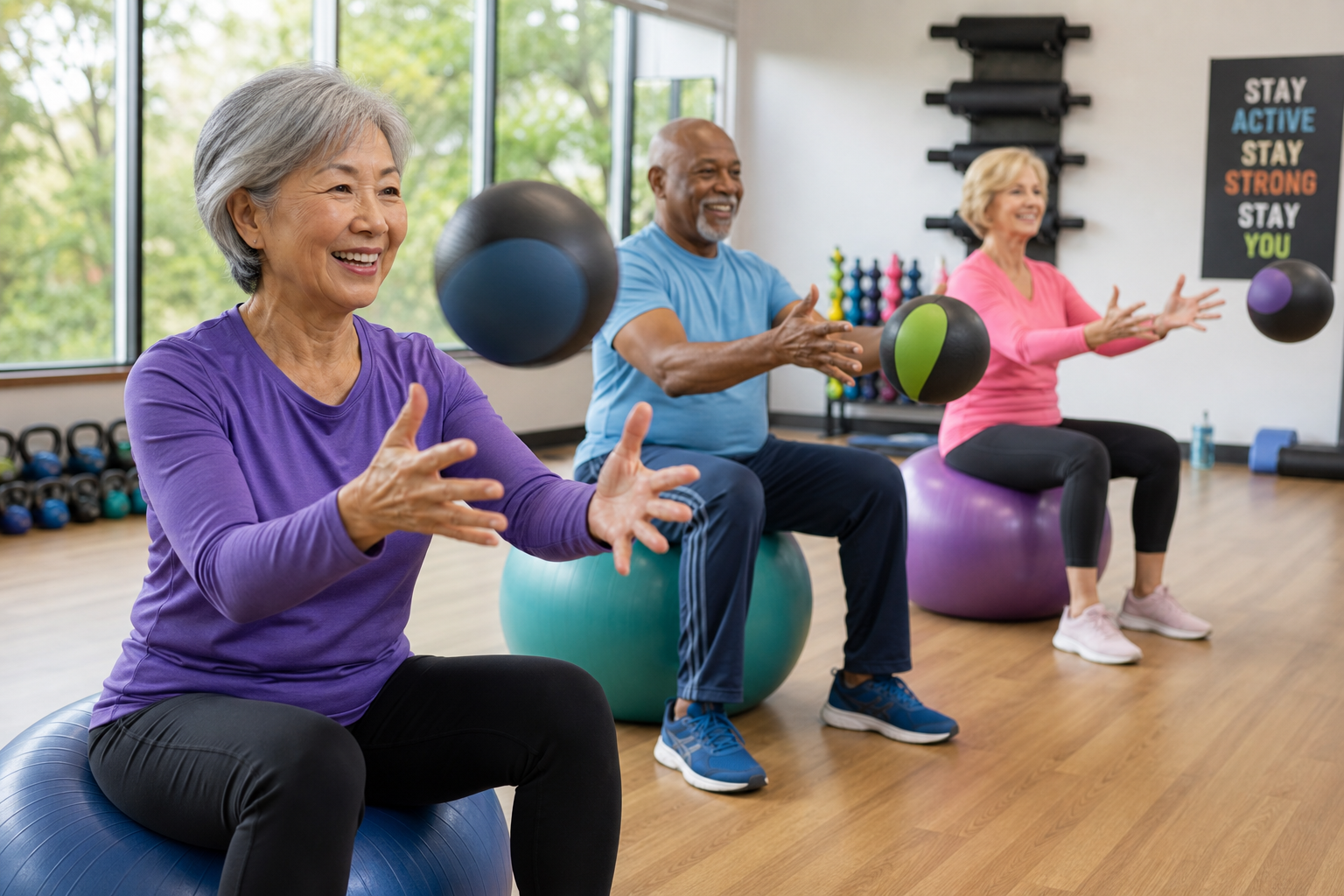 Seniors performing gentle power exercises with medicine balls in a bright fitness studio