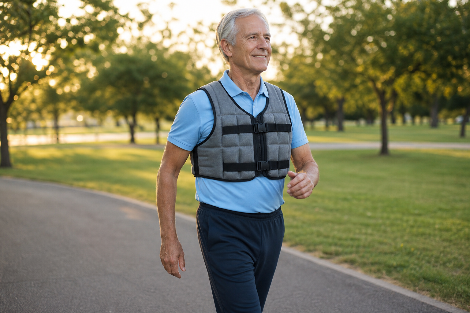Senior man walking safely with weighted vest on outdoor trail