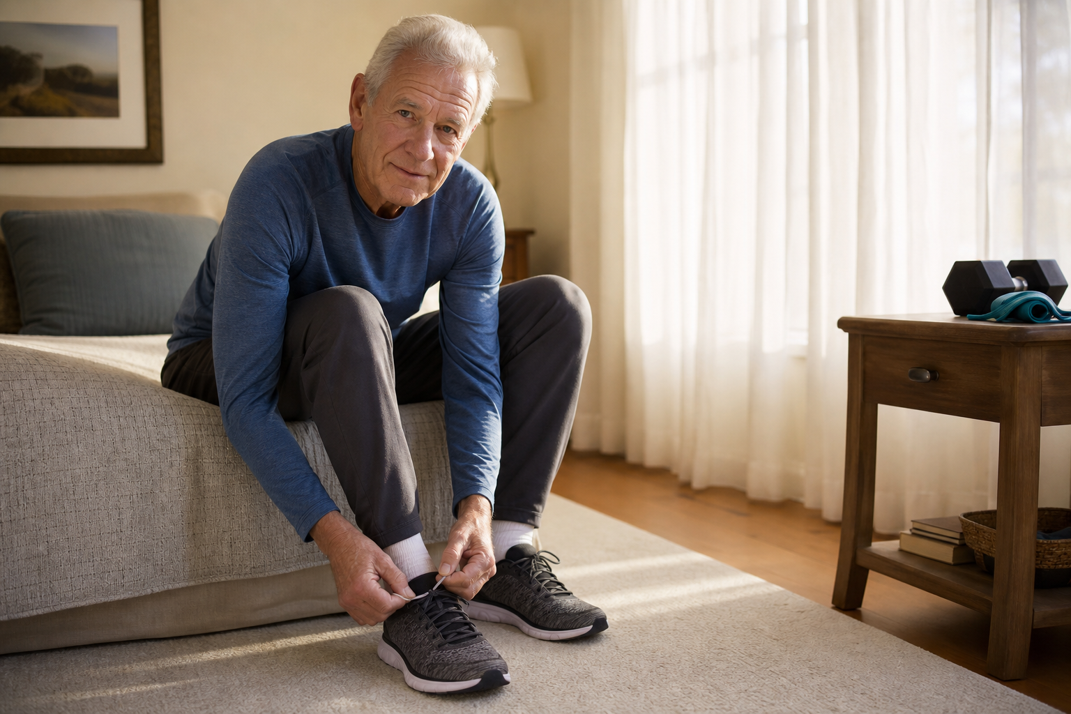 Senior man preparing for exercise by tying shoes in comfortable home environment