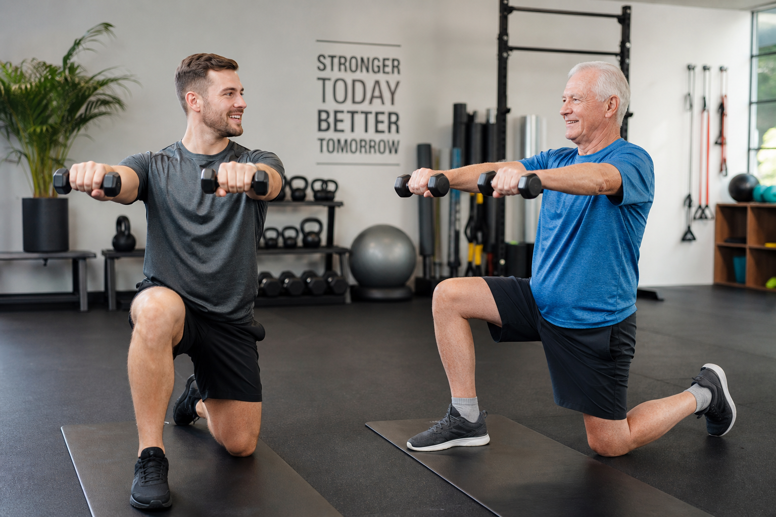 Personal trainer guiding senior man through beginner resistance training