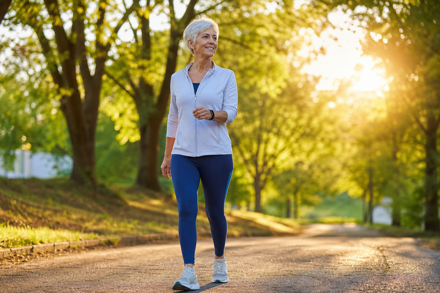 Senior woman walking confidently on a tree-lined path during golden hour
