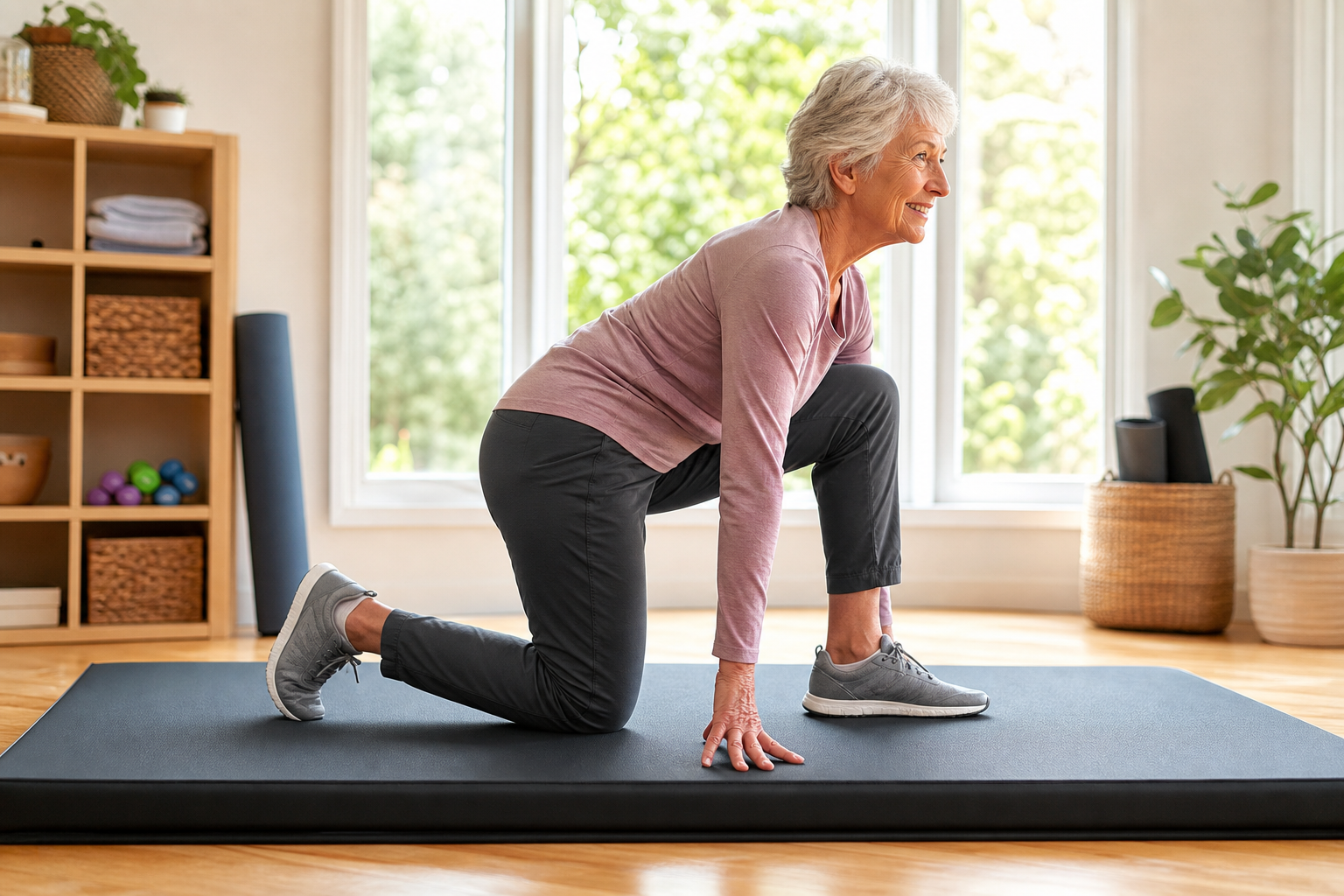 Senior woman safely transitioning from floor to standing position on a yoga mat