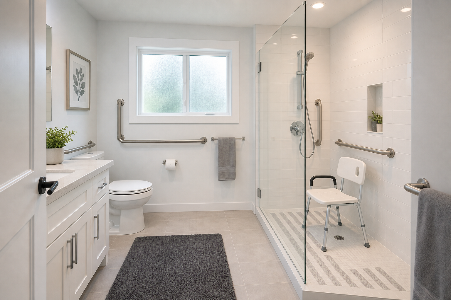 Accessible bathroom with safety modifications including grab bars, non-slip surfaces, and shower chair