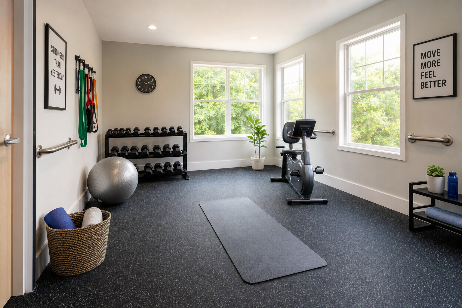 Well-organized home exercise area with safety features including non-slip flooring and clear spacing