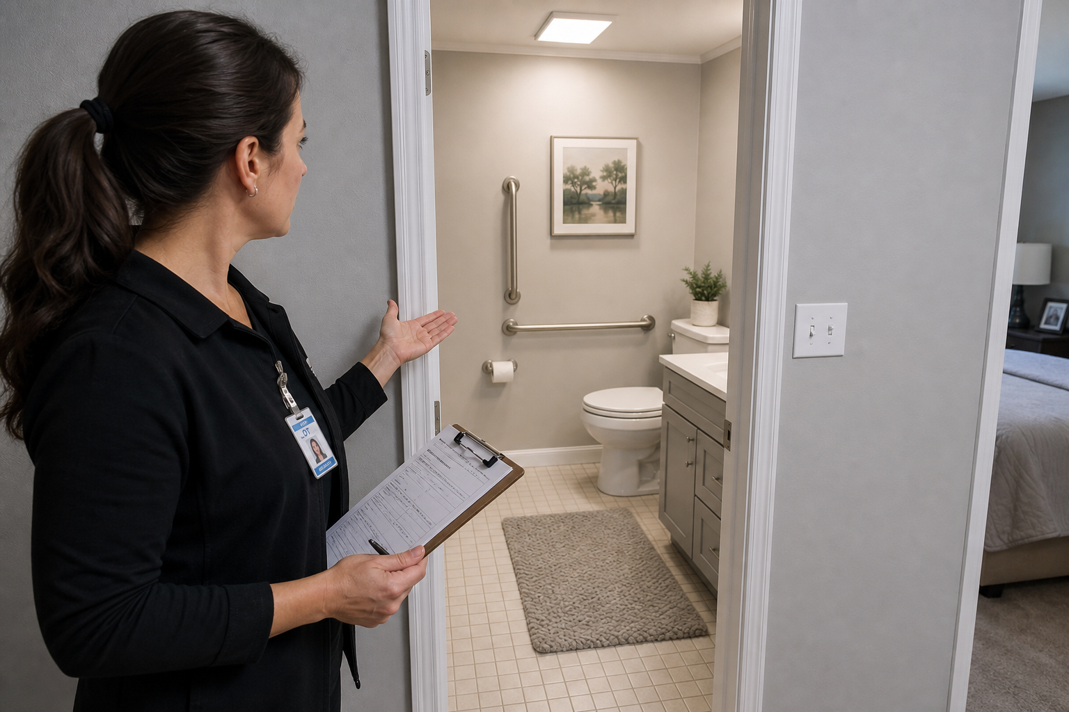 Occupational therapist performing home safety assessment for fall prevention in senior's bathroom
