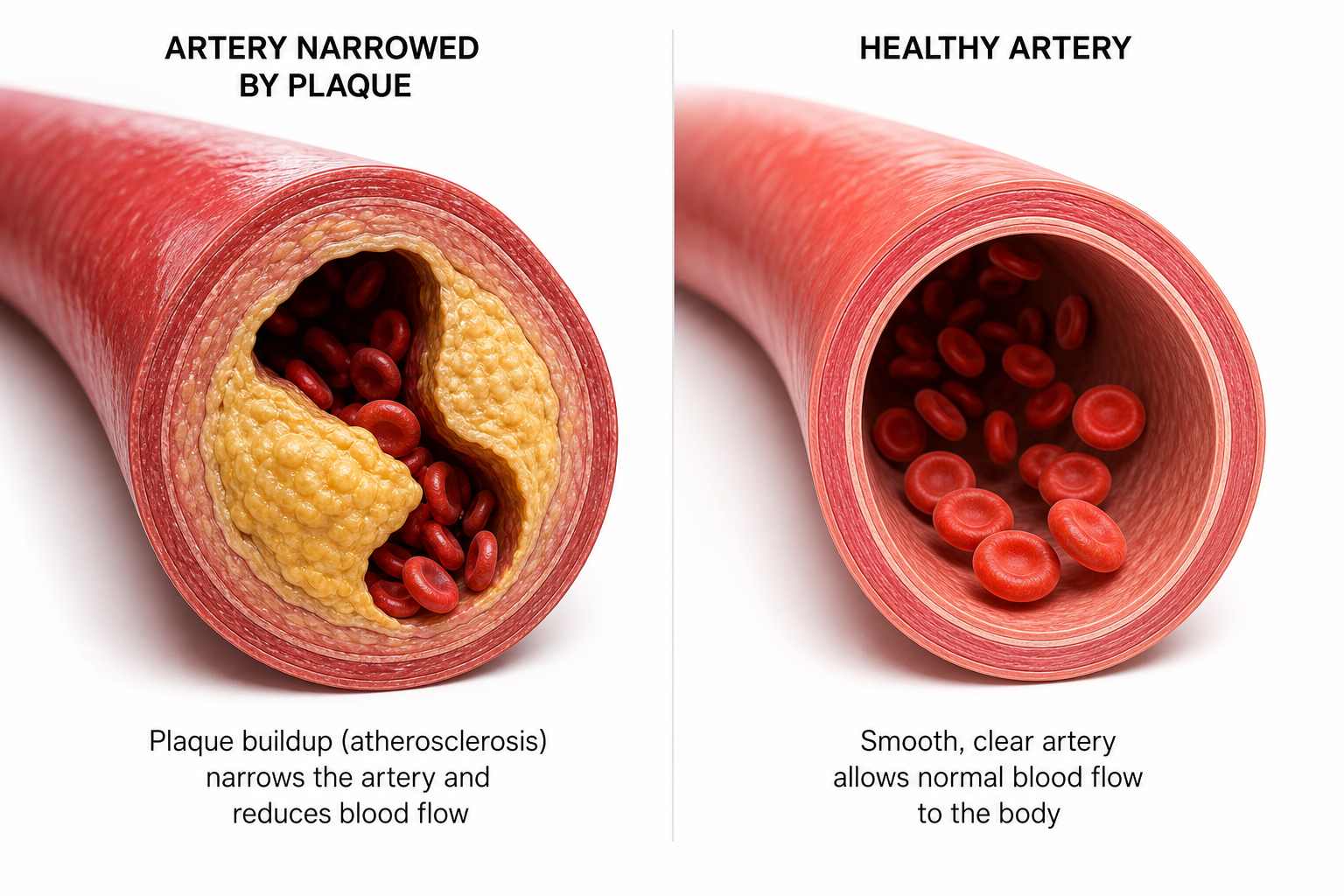 Comparison of unhealthy artery with plaque buildup versus healthy clear artery