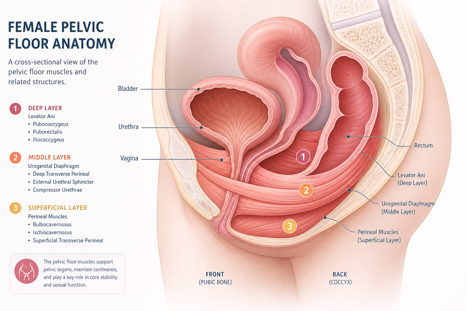 Anatomical illustration of pelvic floor muscles supporting the bladder