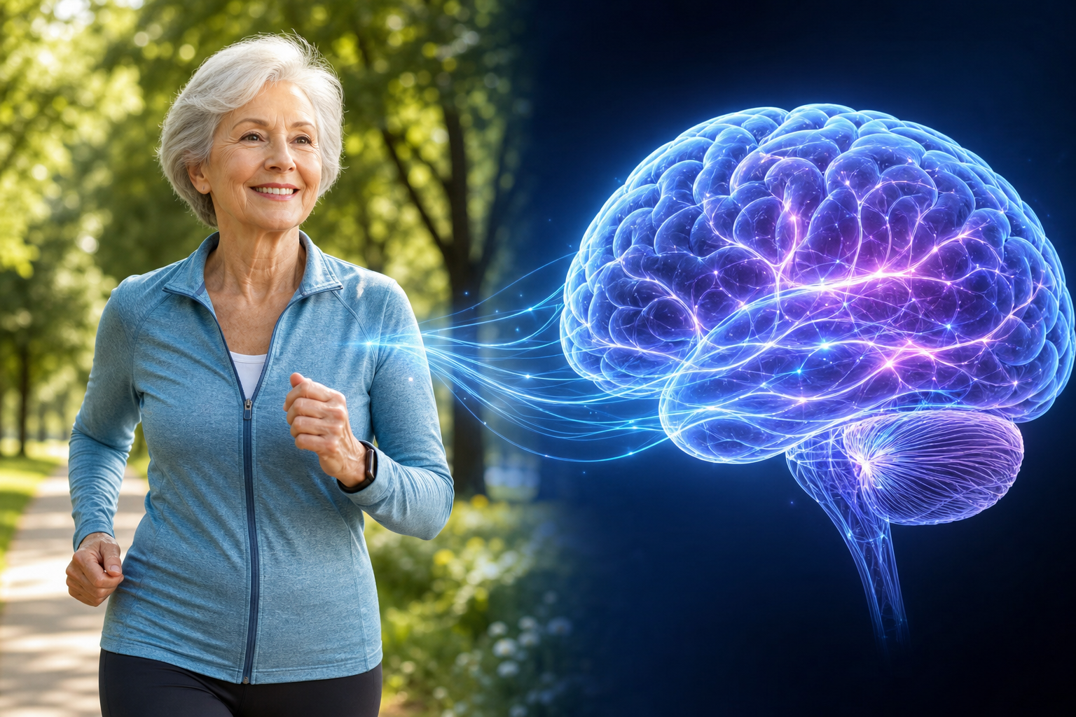 Senior woman exercising outdoors with illustration of healthy brain showing neural connections