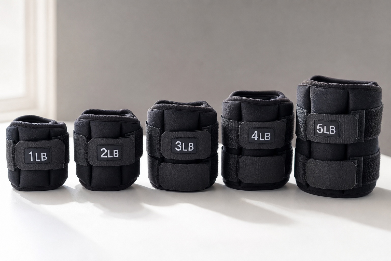Different sizes of ankle weights for seniors ranging from light to moderate resistance
