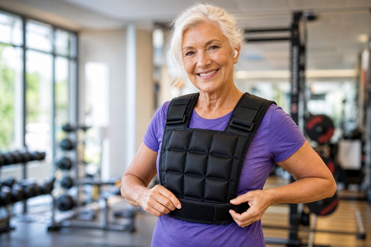 Senior woman wearing a weighted vest in a gym setting