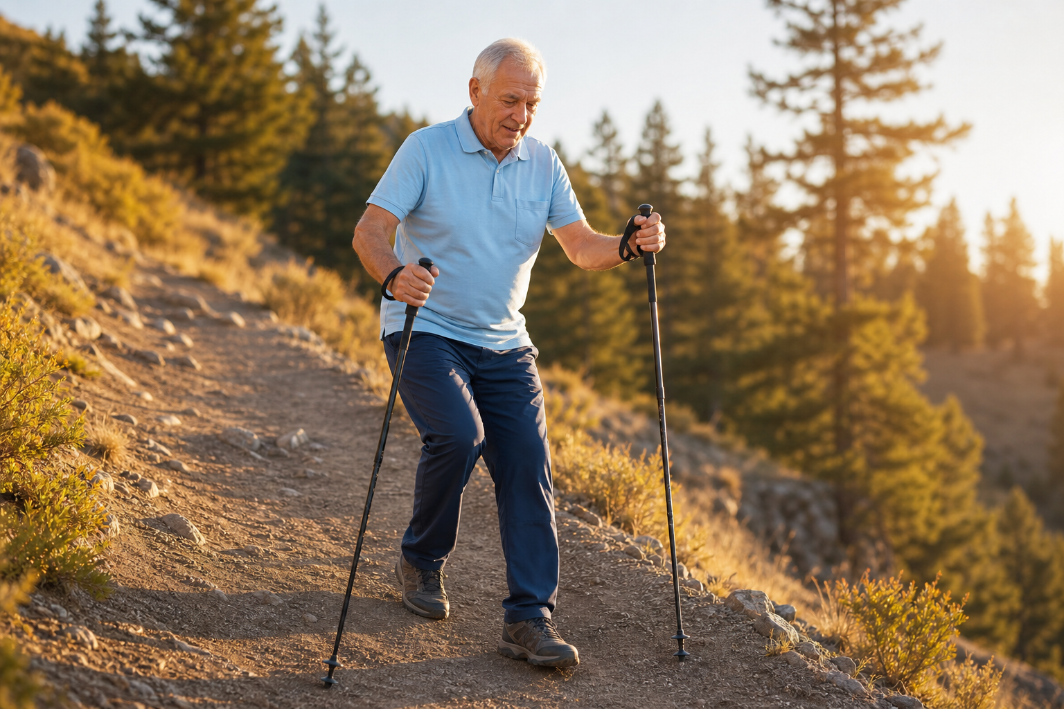 Senior man using walking poles while descending a slope to reduce knee impact