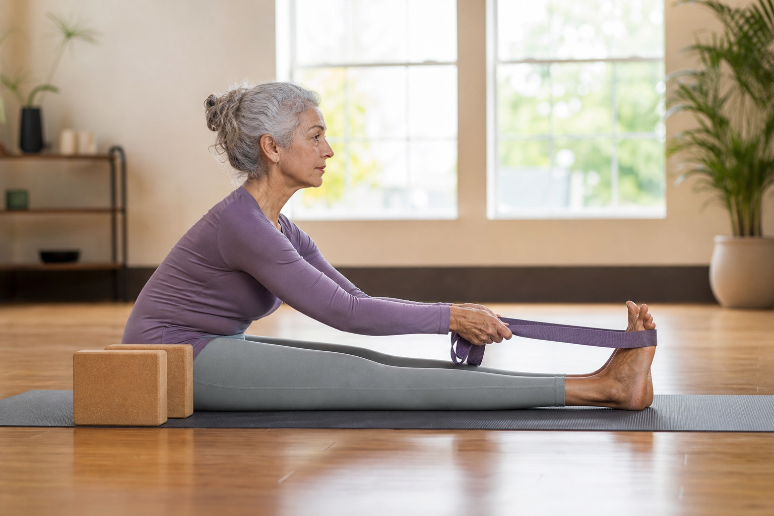 Senior woman demonstrating modified forward fold pose using yoga strap and blocks